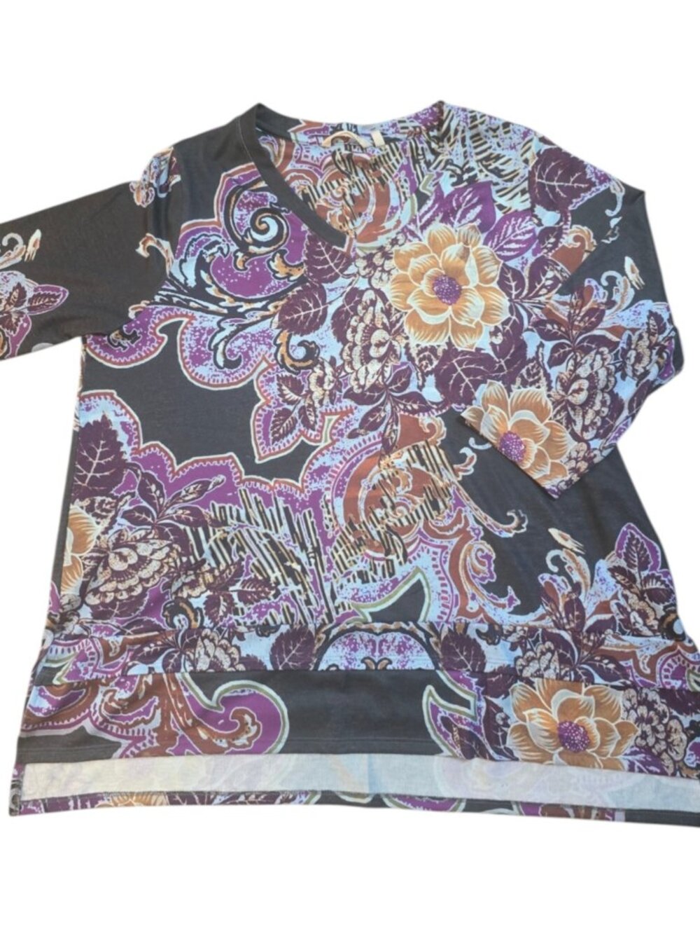 Soft Surroundings Gray Floral 3/4 Sleeve Polyester Knit Top ~ Size 1X